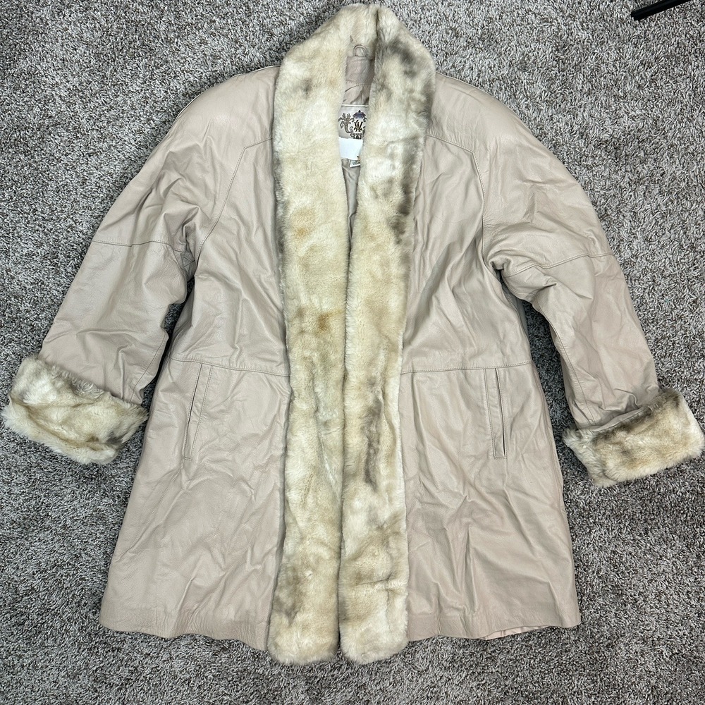 Vintage Y2K Laura Winston Penny Lane Leather Faux‎ Fur Coat Cream Beige Medium